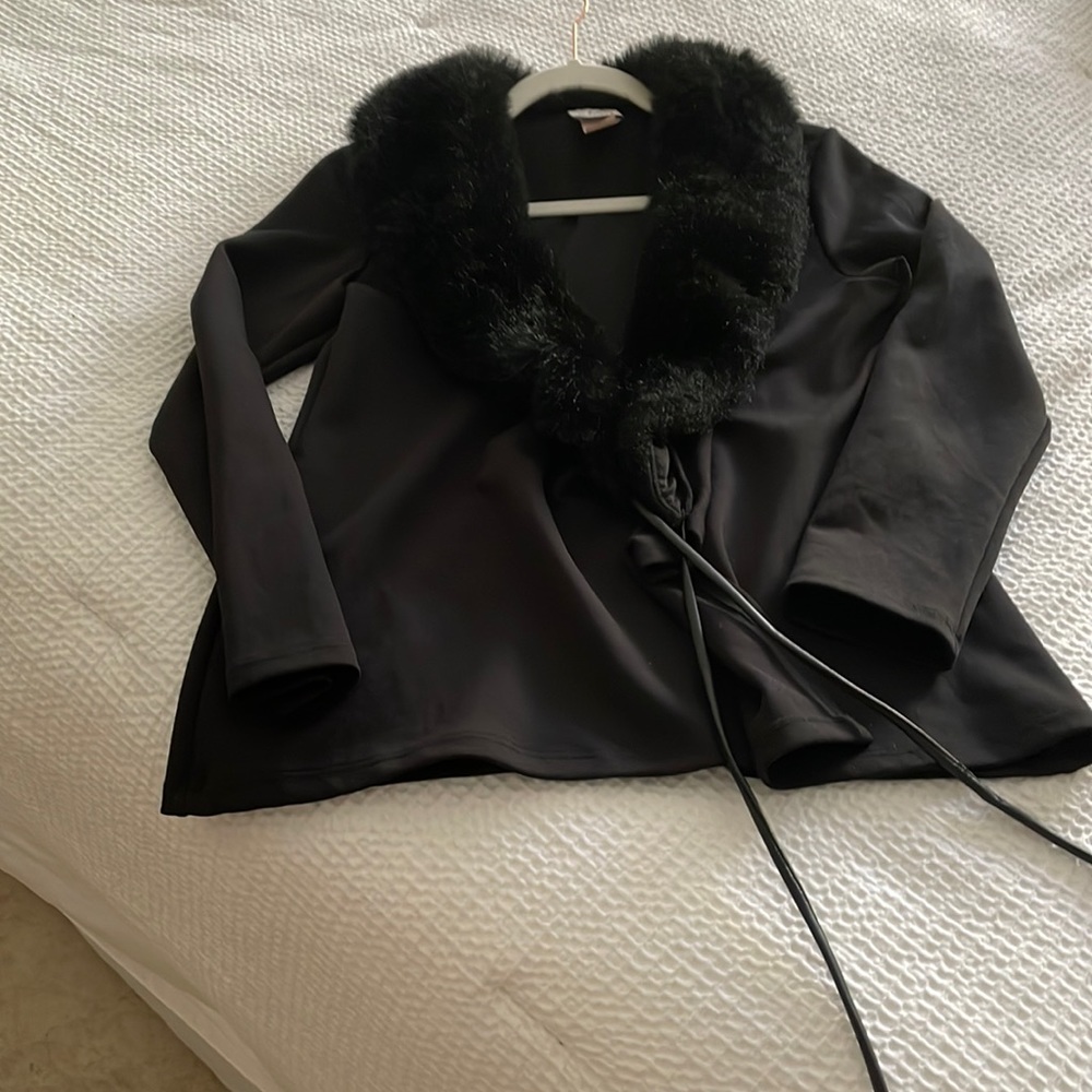 Black short wasted wrap around jacket with faux fur collar